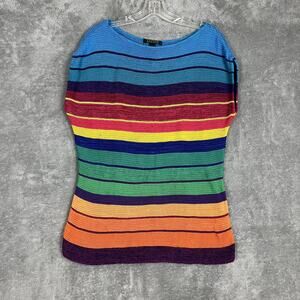 Ralph Lauren Knit Top Womens L Rainbow Striped Cap Sleeve Boatneck Knit Cotton